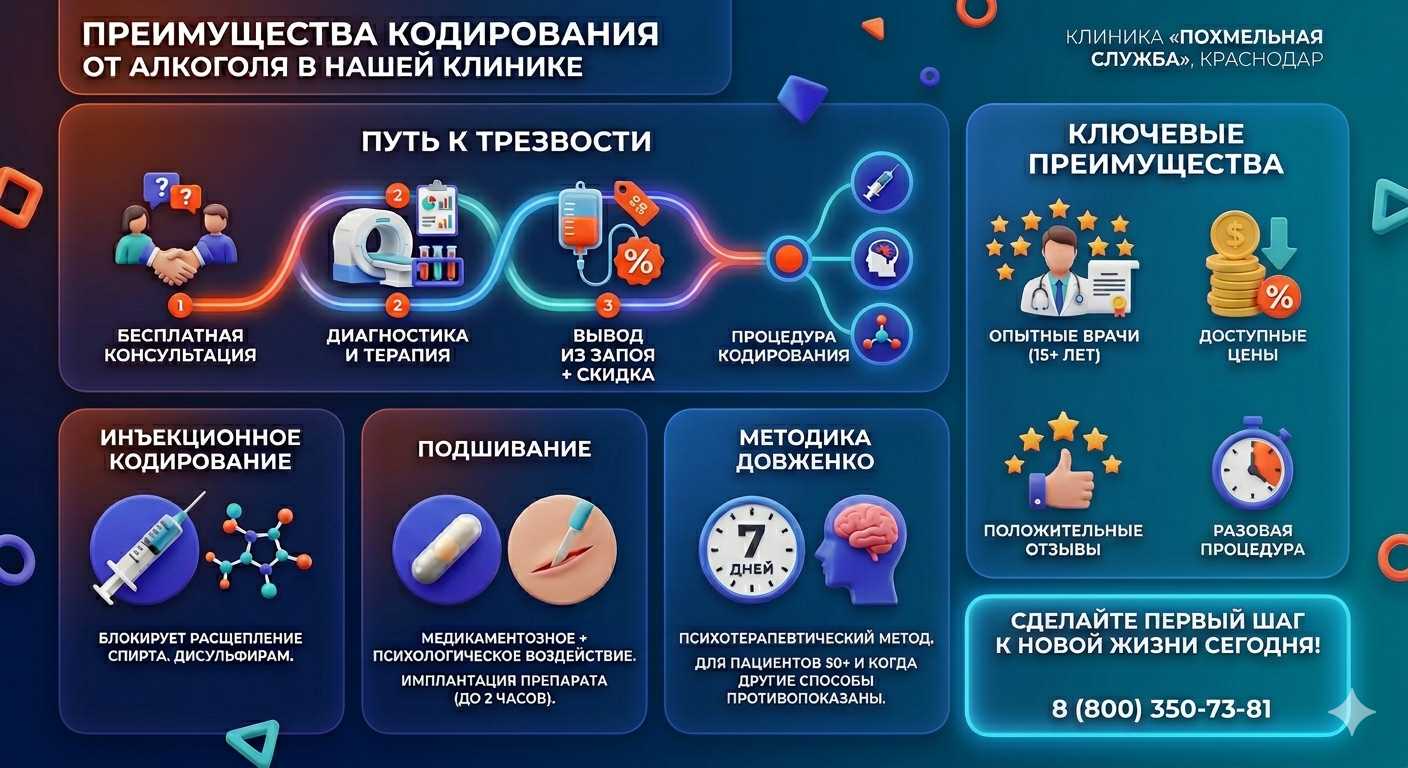 Инфографика о методах кодирования от алкоголя в Дюртюлях: инъекции, подшивание, метод Довженко. Преимущества клиники и этапы лечения.